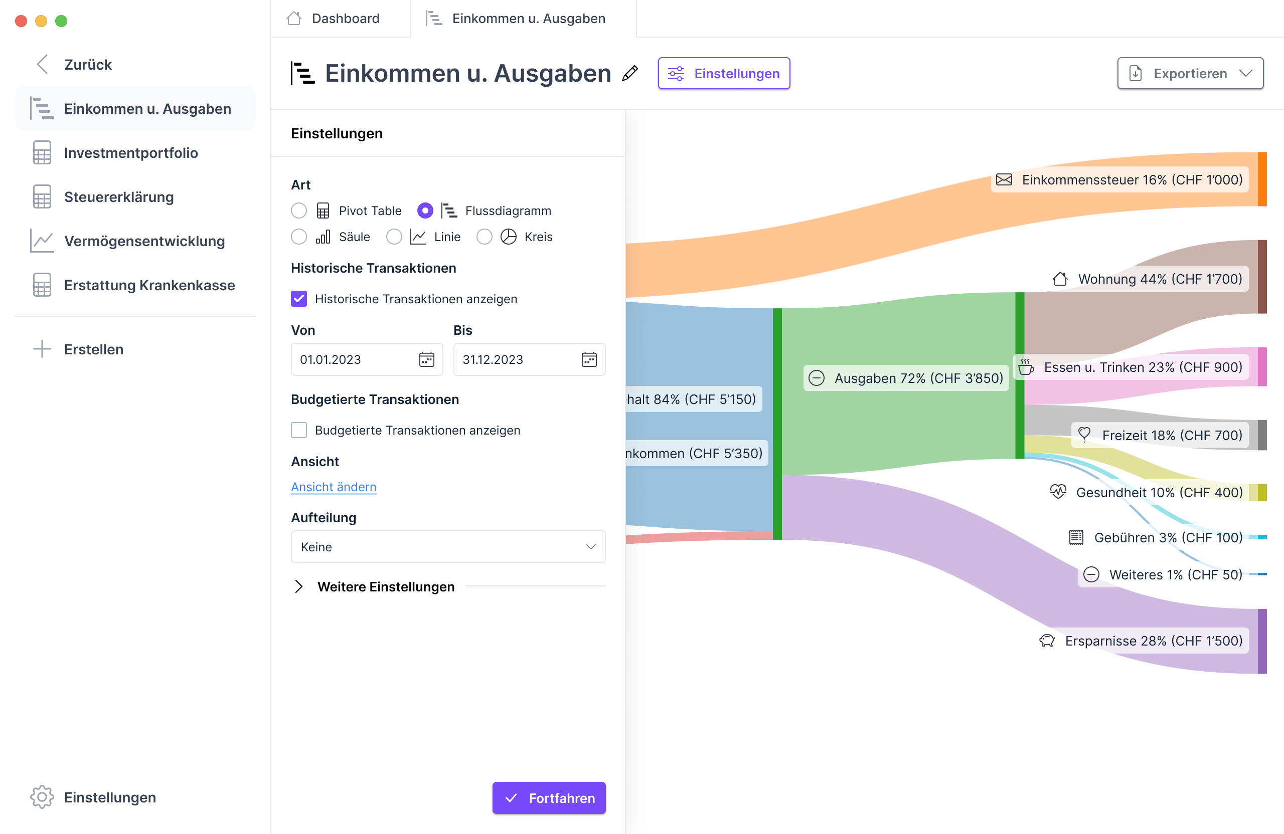 Einstellungen einer Analyse von Transaktion